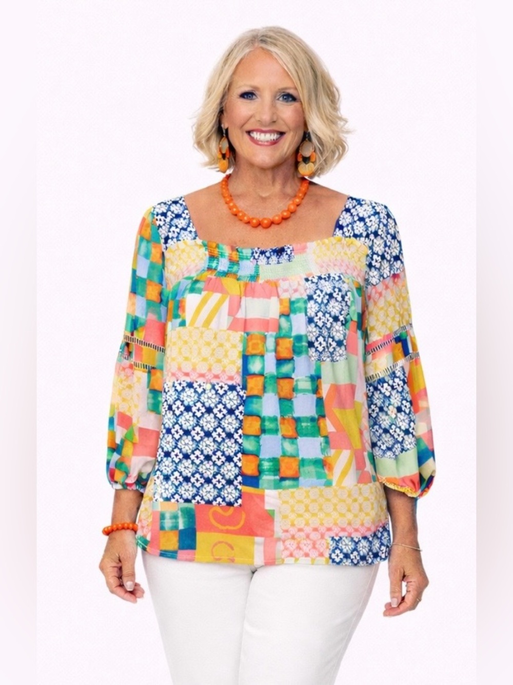 Fate Multi-Color Patchwork Square-Neck 3/4 Sleeve Top Size Medium NWT